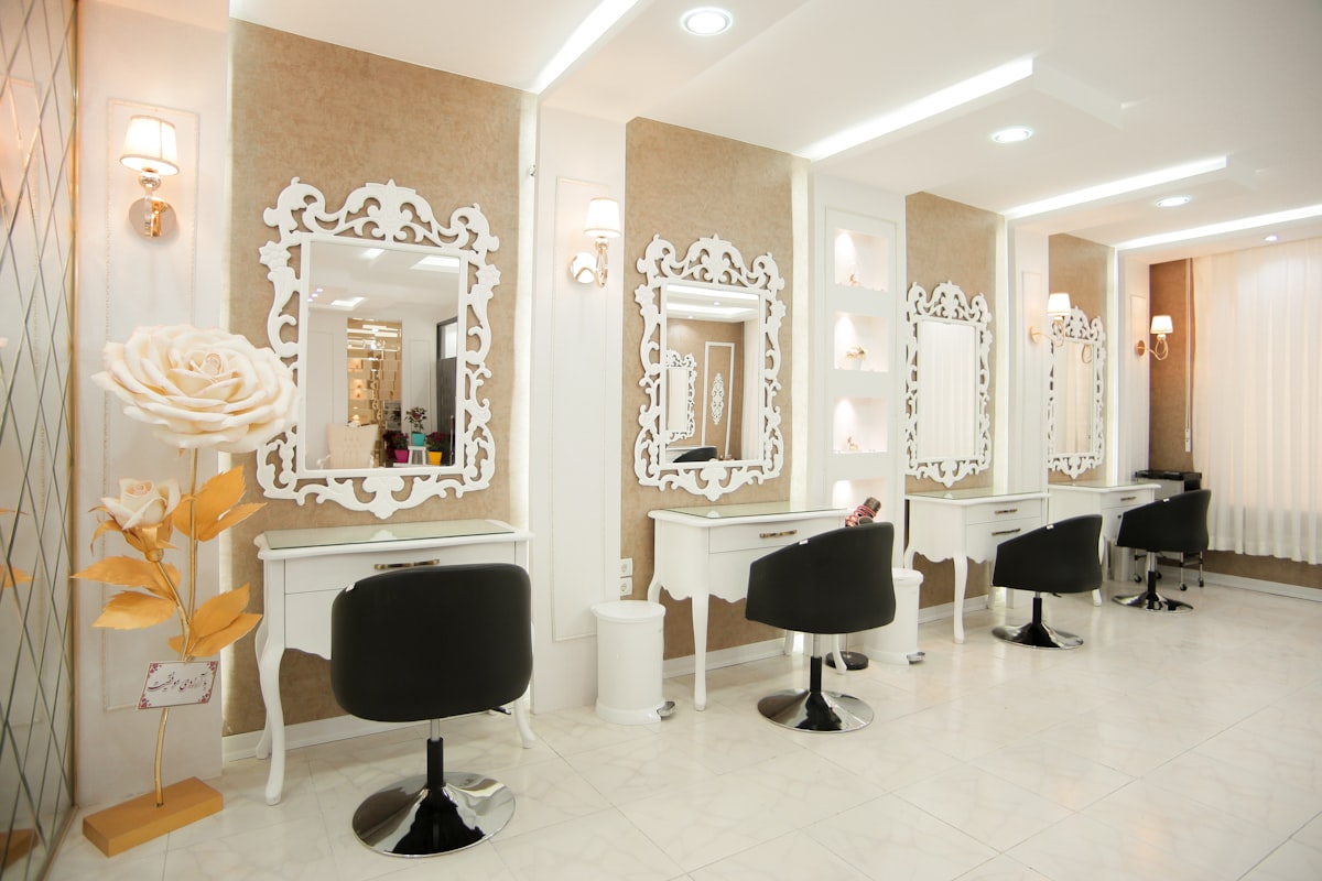 Salon styling station with professional tools and mirror