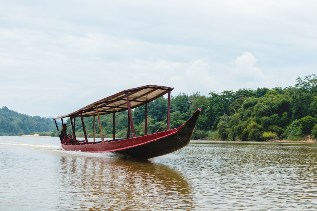 a long boat with a canopy on the water,