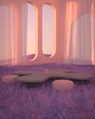 A cozy therapy space with soft lavender walls, rounded furniture, and calming natural light.