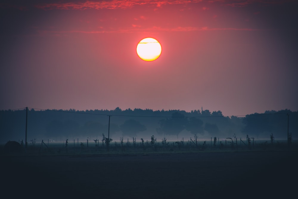 Die Sonne geht über dem Horizont eines Feldes unter