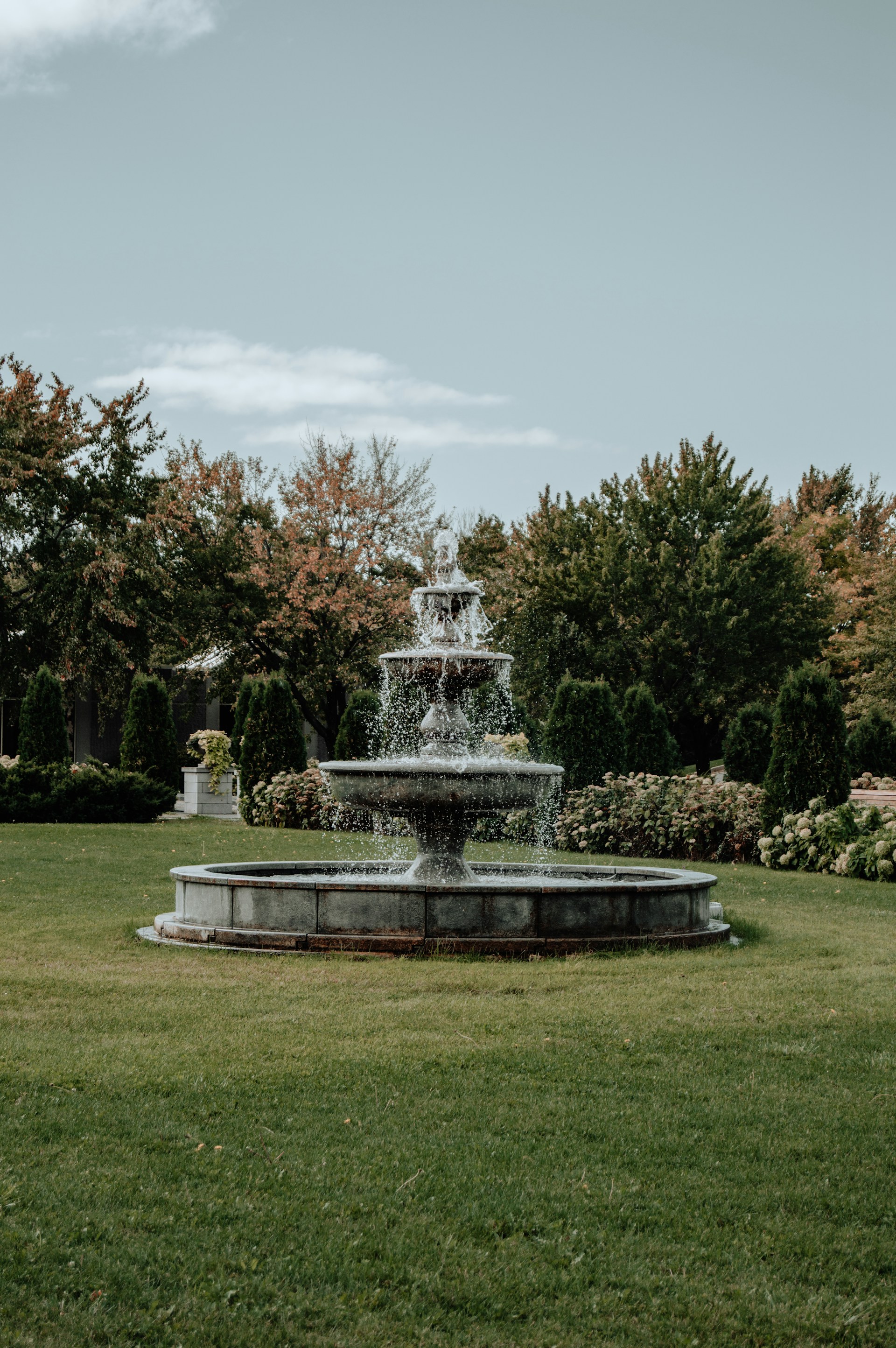 a water fountain in the middle of a park