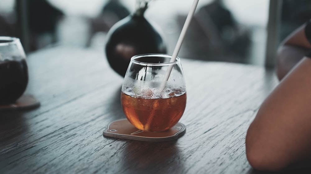 a glass of tea on a wooden table