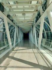 a long hallway with white columns and glass walls