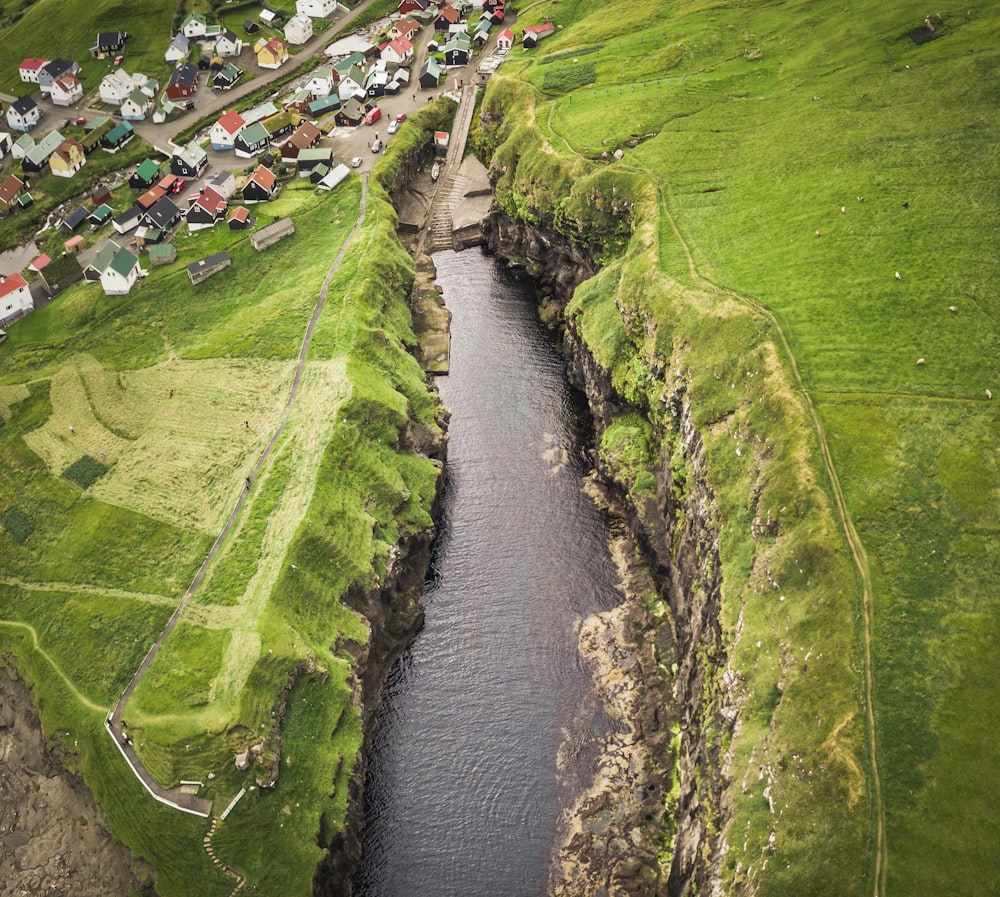 a river running through a lush green hillside