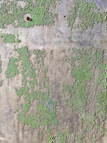 A close-up view of a weathered metal surface with patches of peeling green paint, revealing a rough texture. The paint is unevenly distributed and there are several small holes in the metal.