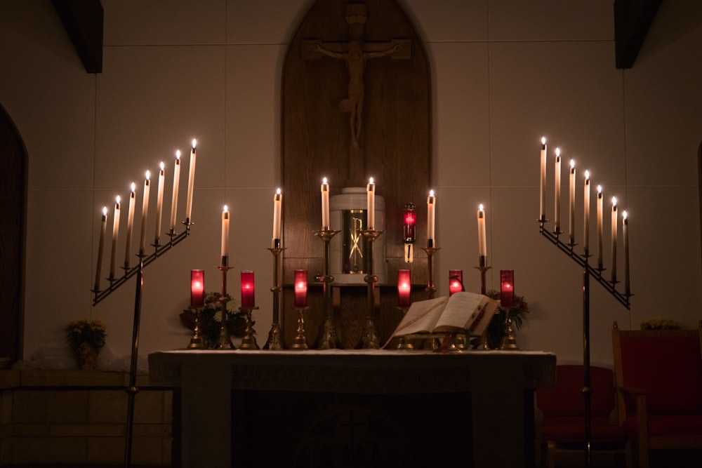 a church with candles and a crucifix