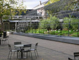 Outdoor seating area with greenery, perfect for informal study sessions and breaks.