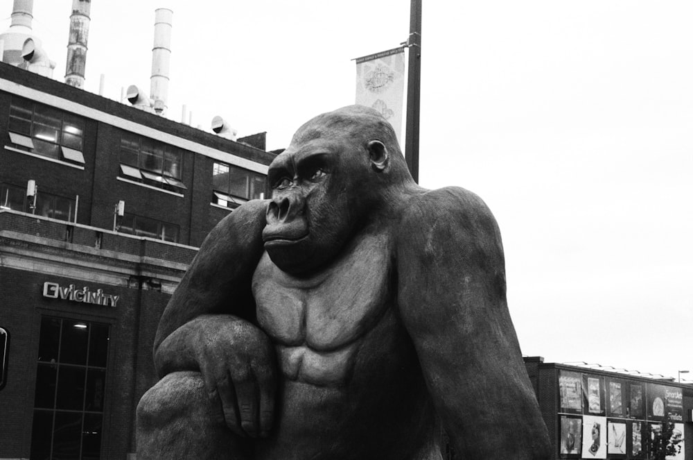 Une statue d’un gorille est devant un bâtiment
