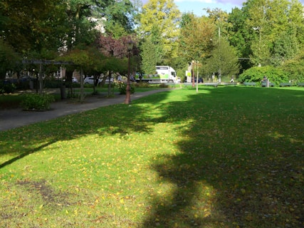 A serene park with a well-maintained green lawn, lined with trees showing early signs of autumn. A paved walkway meanders through the park, where a vintage lamppost stands. In the background, there is a white utility vehicle and a few people walking.
