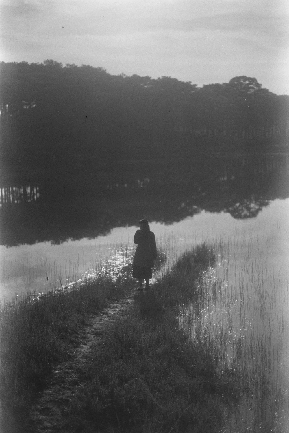 Una foto in bianco e nero di una persona che cammina su un sentiero vicino a un lago