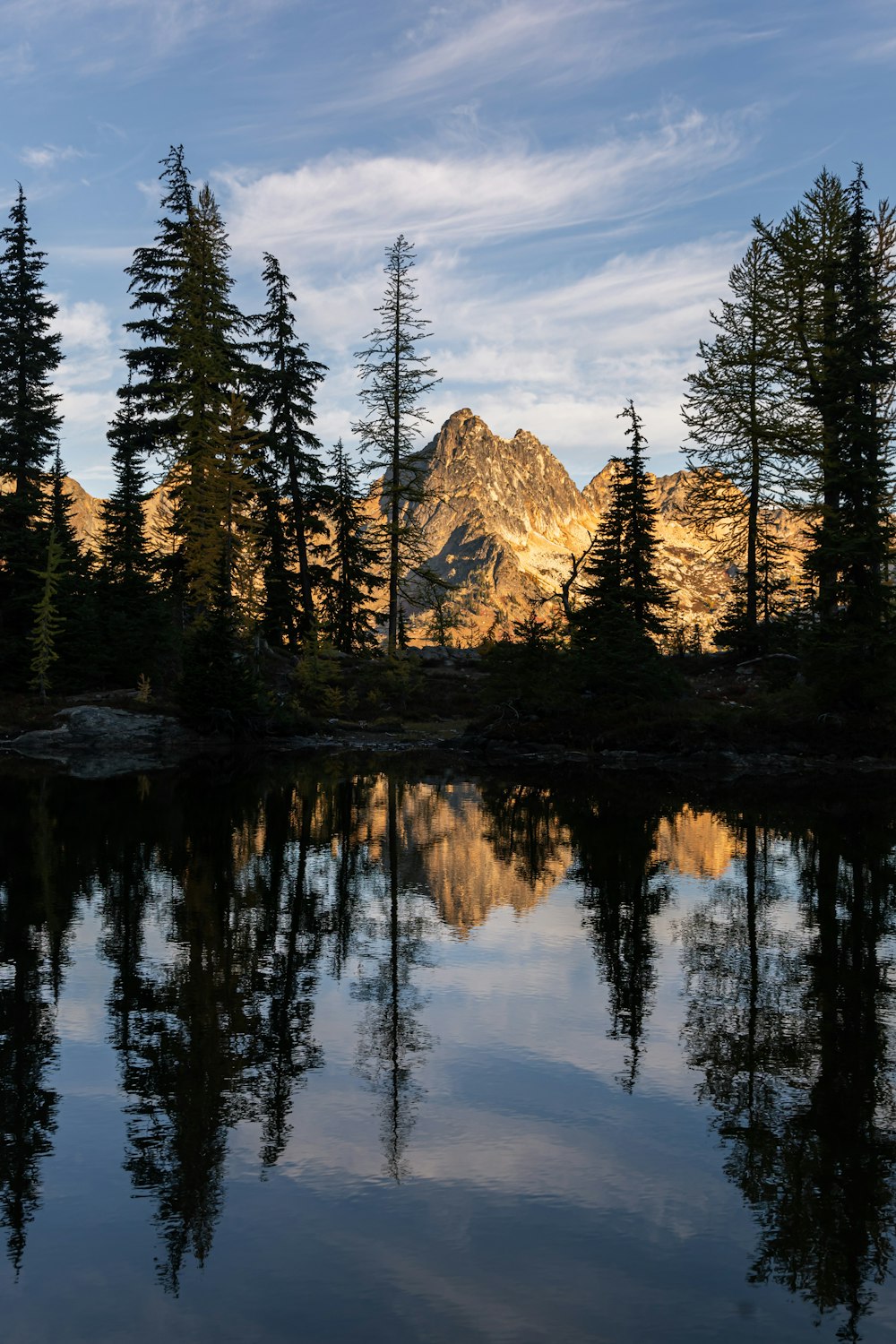 a lake surrounded by trees with a mountain in the background