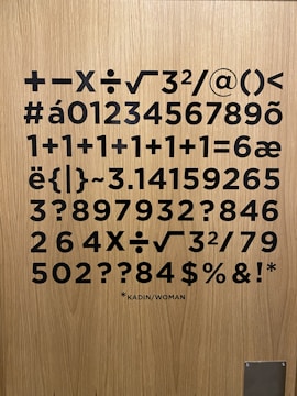 A wooden surface displays a variety of black text symbols, numbers, and mathematical symbols arranged randomly, including plus, minus, division, and square root symbols. Among them are alphabets with accents and phrases like '1+1+1+1+1=6'. At the bottom, there is a smaller text with an asterisk indicating 'KADIN/WOMAN'.