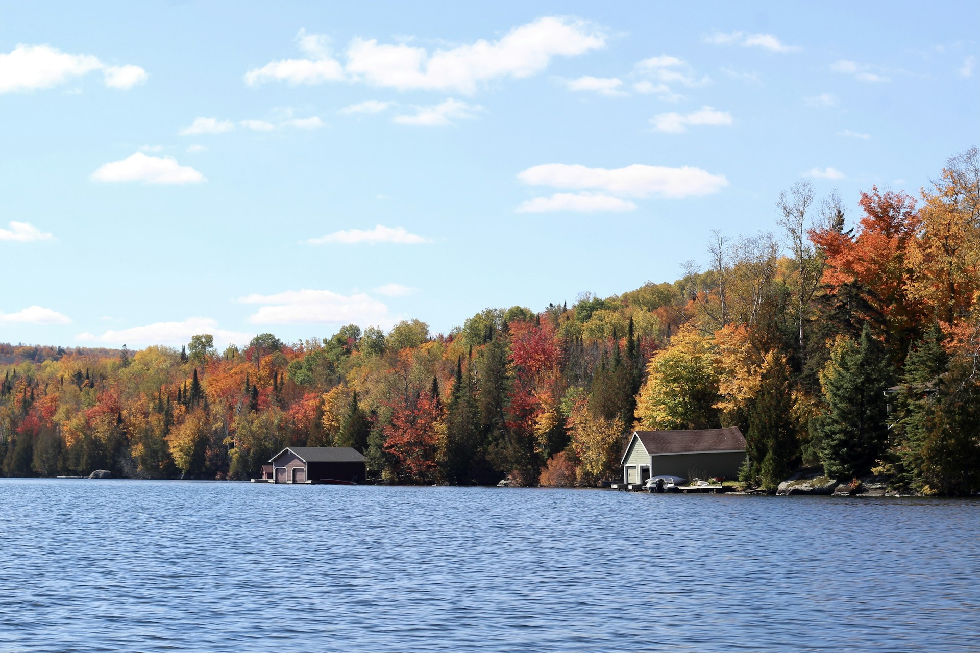 a small boat in a body of water surrounded by trees