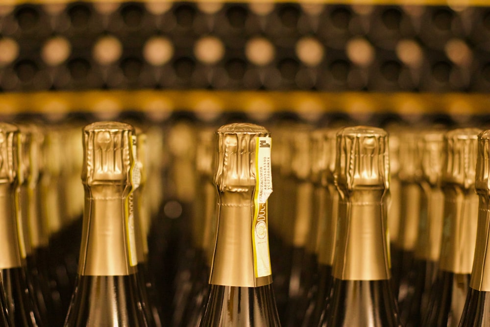 several bottles of champagne lined up in a row