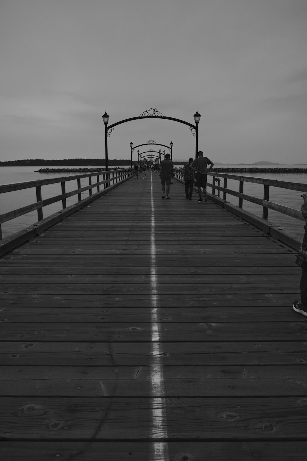 a black and white photo of a pier