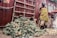 A vendor stands beside a large pile of pineapples, displayed for sale at an outdoor marketplace. The vendor is wearing a colorful apron and standing against a backdrop of a corrugated metal fence. Nearby are wooden planks, and bricks are used as weights to hold down a cloth.
