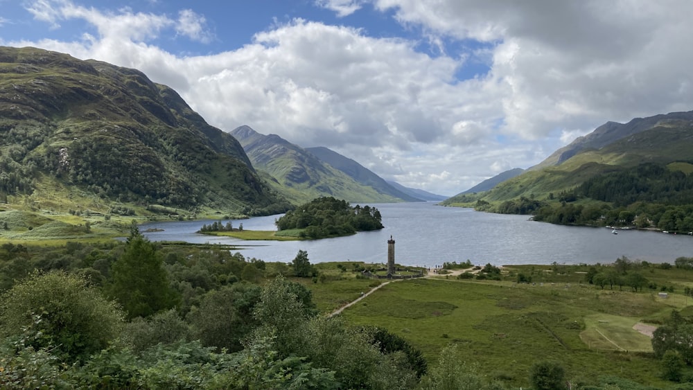 a scenic view of a lake surrounded by mountains