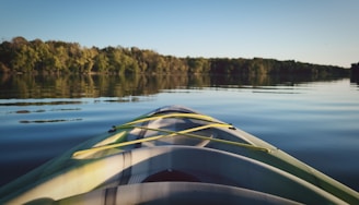 A peaceful river scene with kayaks gliding through calm water under a bright sky.