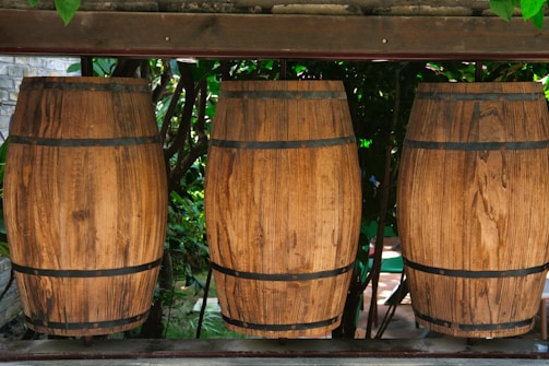 Three large wooden barrels stand in a row, supported by a wooden frame. The barrels have a natural, weathered texture with visible wood grain and are bound with metal bands. Lush green foliage surrounds the barrels, creating a rustic and natural setting.