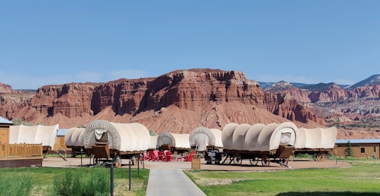 Several covered wagons are positioned on a grass and dirt area with a backdrop of striking red rock cliffs under a clear blue sky. The wagons are arranged as part of a campground or lodging setup, with wooden decking and a group of red chairs visible in the center.
