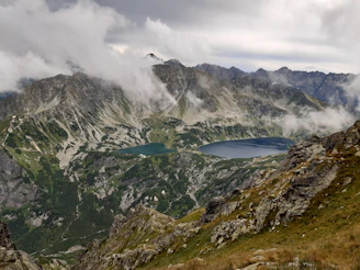 a view of a mountain range with a lake in the middle