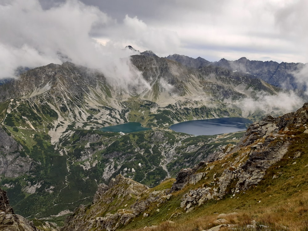 a view of a mountain range with a lake in the middle