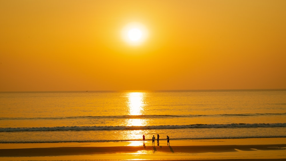 a couple of people standing on top of a beach