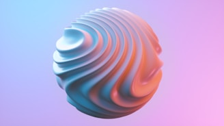 A 3D object with a swirled, textured surface appears to be floating. The object features gradients of cool blue and warm orange tones, set against a smooth, gradient background transitioning from blue to pink.