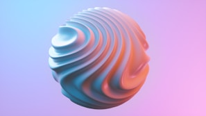 A 3D object with a swirled, textured surface appears to be floating. The object features gradients of cool blue and warm orange tones, set against a smooth, gradient background transitioning from blue to pink.
