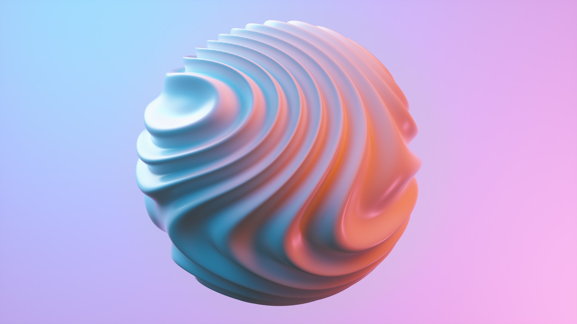 A 3D object with a swirled, textured surface appears to be floating. The object features gradients of cool blue and warm orange tones, set against a smooth, gradient background transitioning from blue to pink.