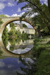 a bridge over a body of water with buildings in the background