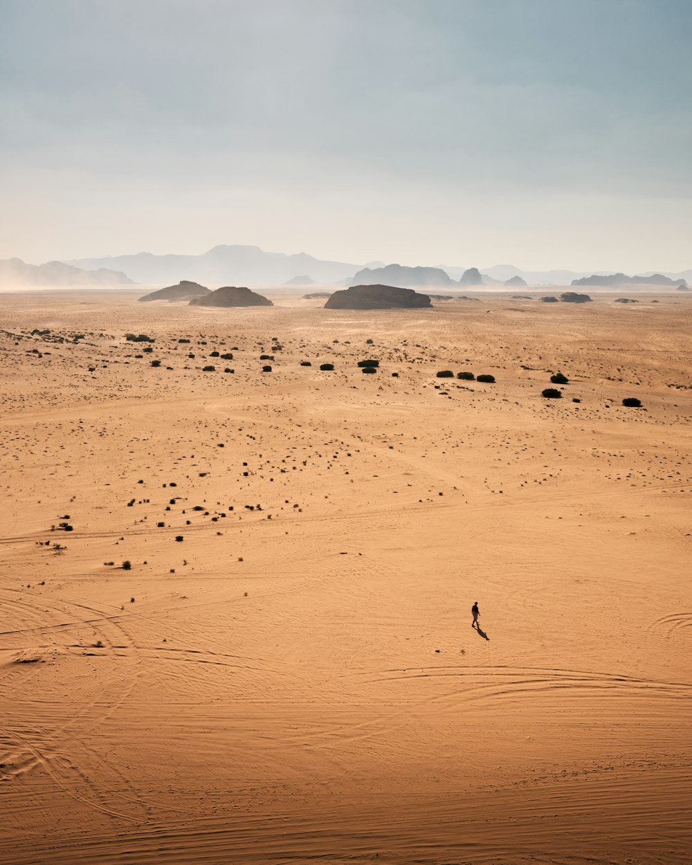 a person walking across a sandy field with mountains in the background