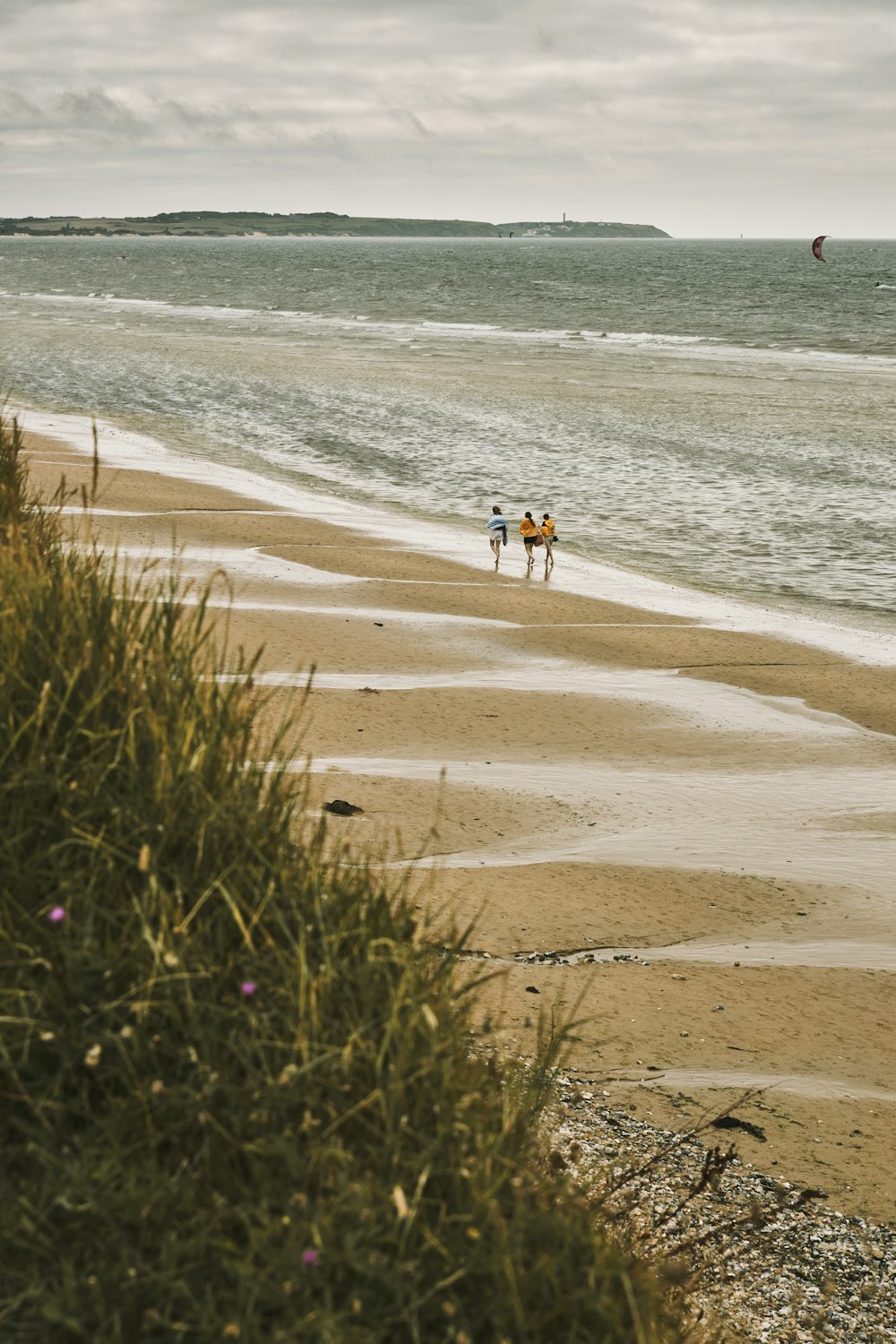 a group of people standing on top of a sandy beach