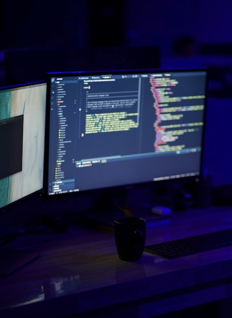 A cozy workspace with multiple monitors displaying code and a coffee cup nearby.