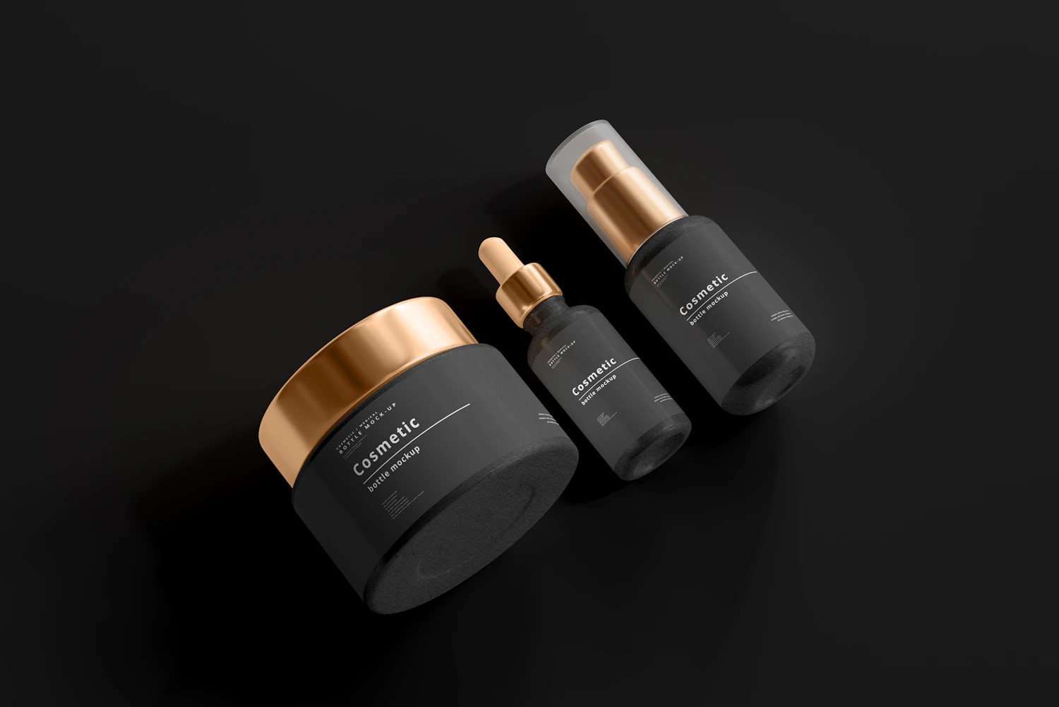 Lacca Profonda gloss mask, a black jar with a gold lid, beside two bottles on black