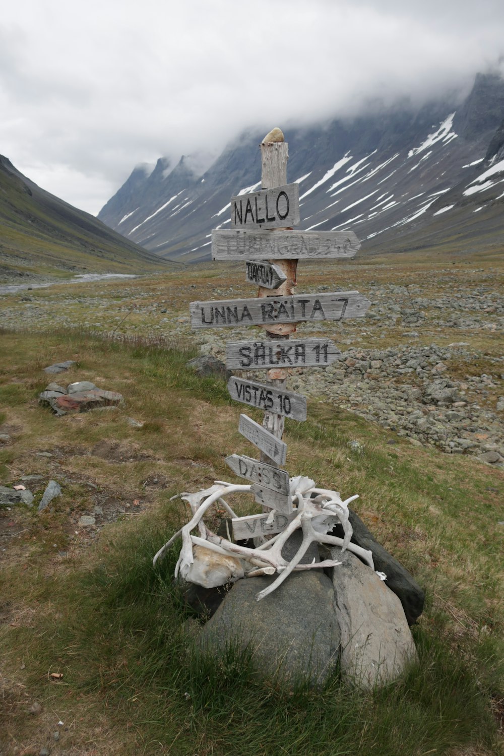 a rock with a bunch of signs on top of it