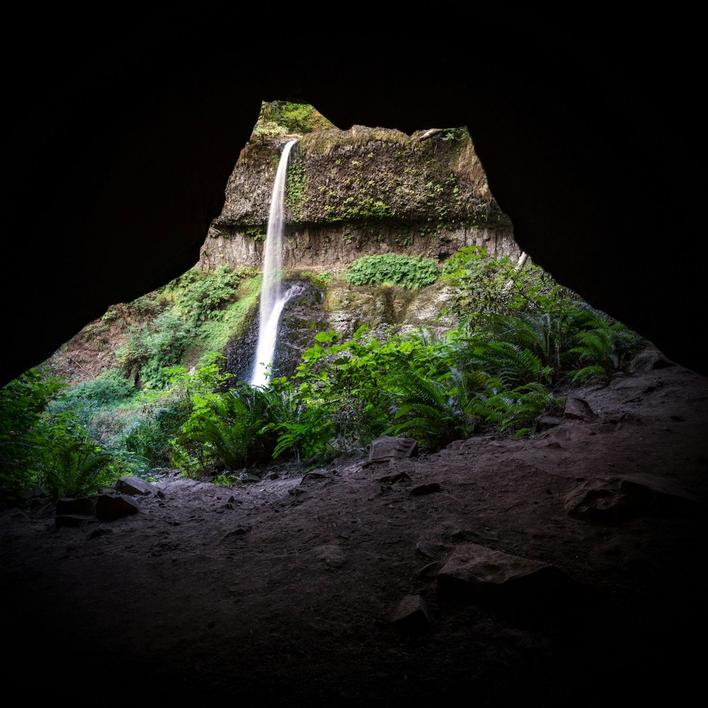 a very tall waterfall in the middle of a forest