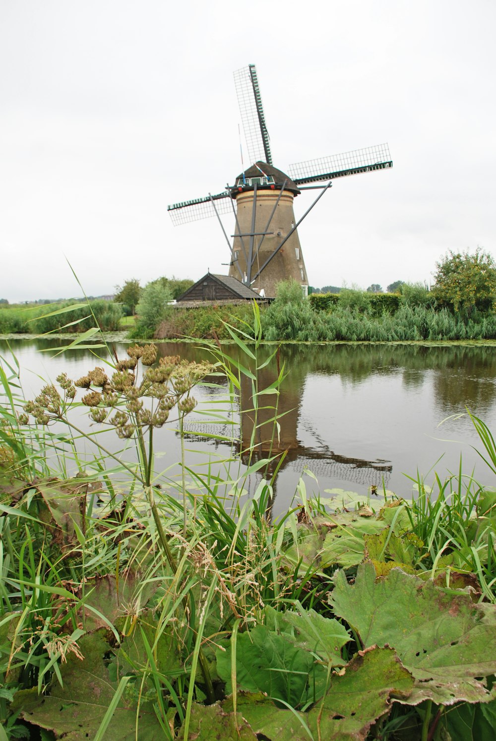 a windmill sitting on top of a river next to a lush green field