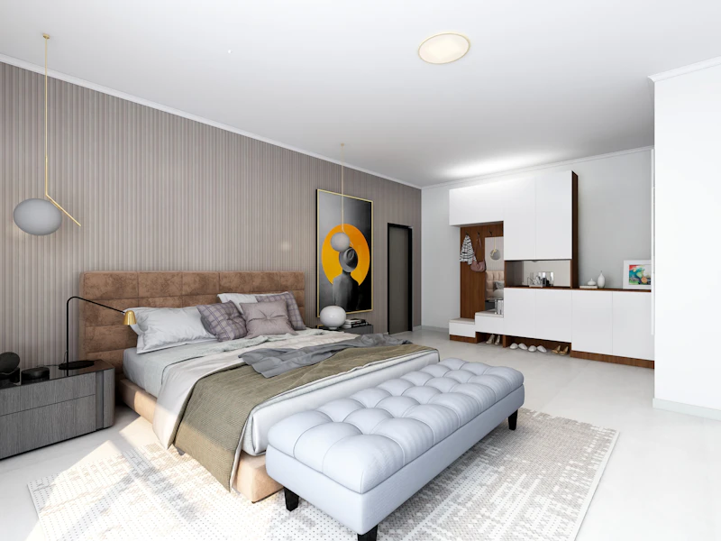 Quarto real com cama e cômoda sobre parede em tom suave e acolhedor