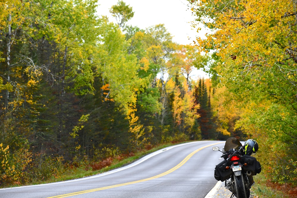 a motorcycle parked on the side of the road