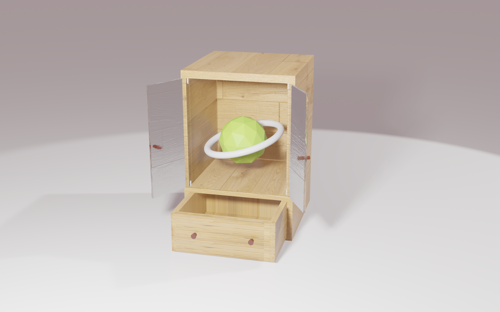 a wooden box with a green apple inside of it