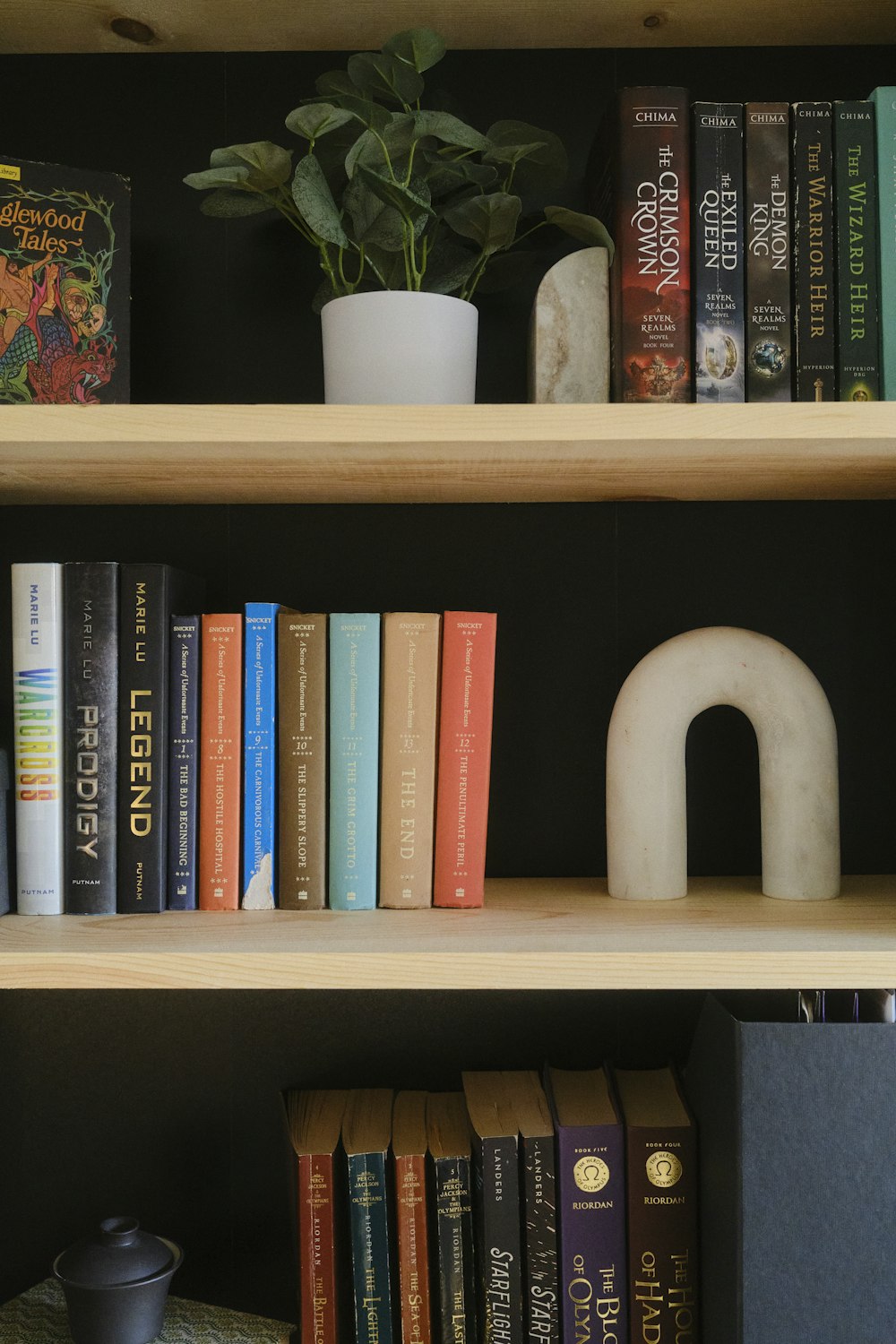 a bookshelf filled with lots of books next to a potted plant