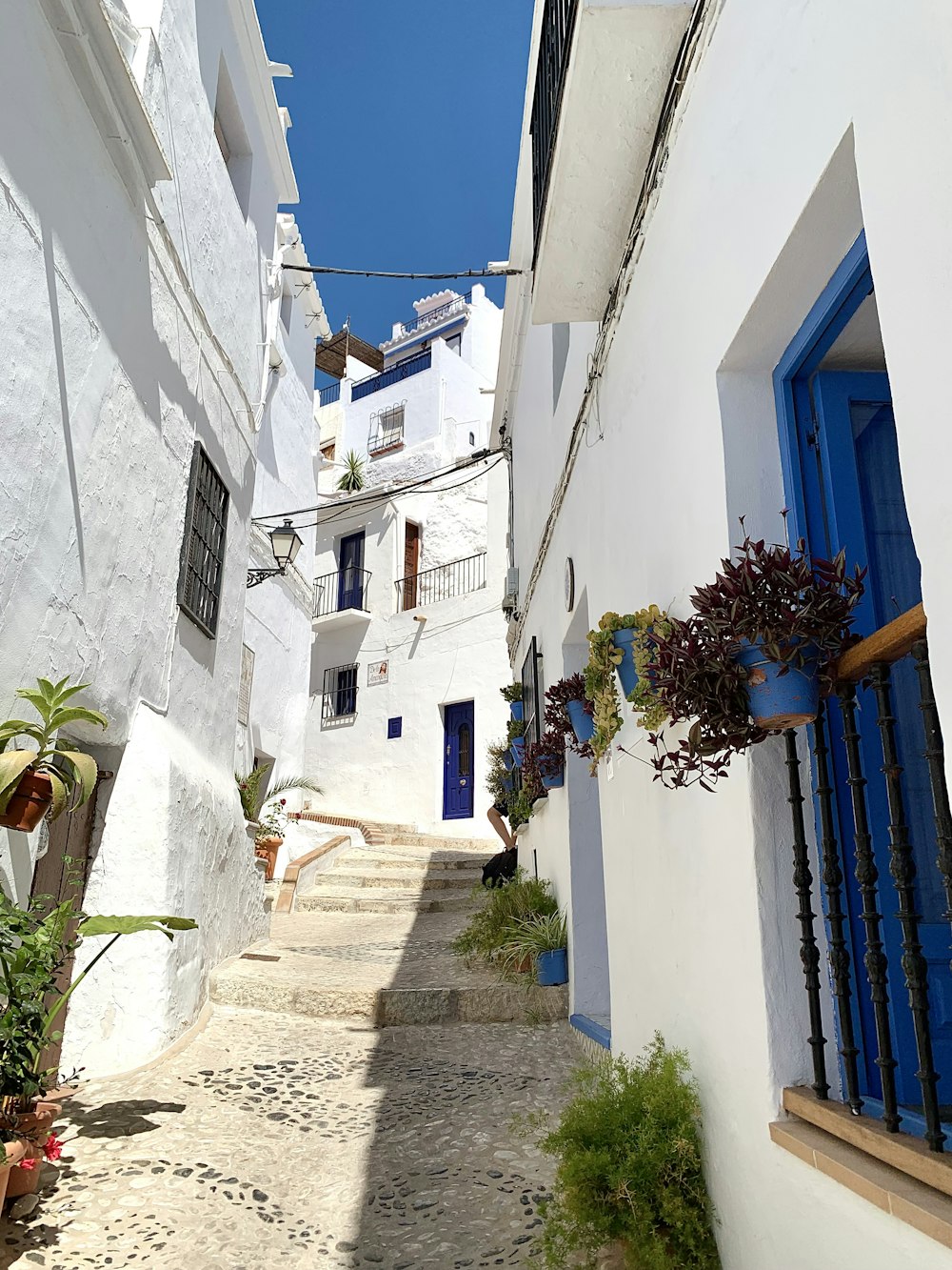 a narrow street with white buildings and blue shutters