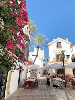a woman sitting at a table in front of a white building