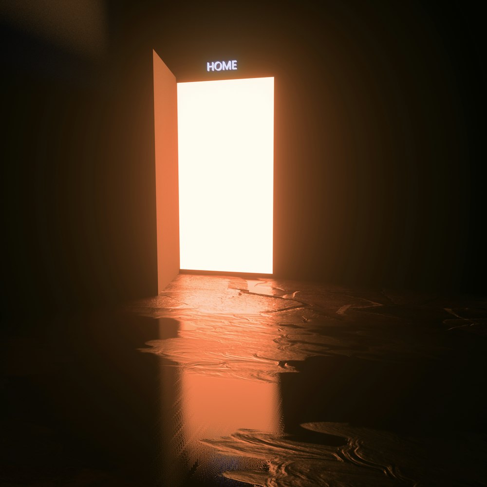 an open door in a dark room with a light coming through it
