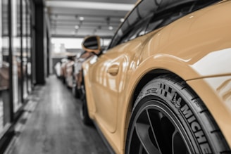 a close up of a car parked in a garage