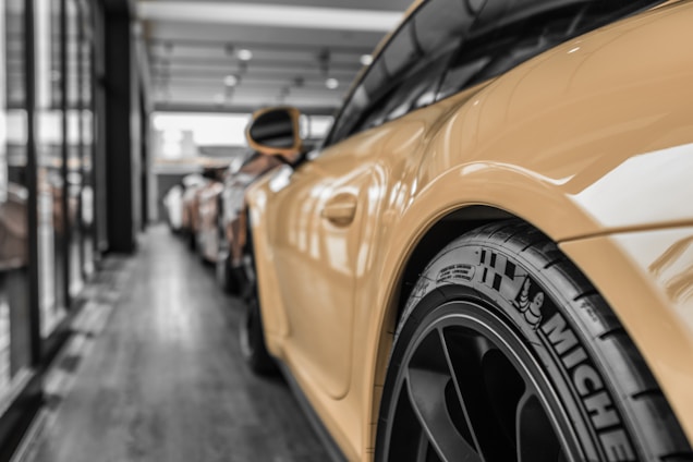 a close up of a car parked in a garage