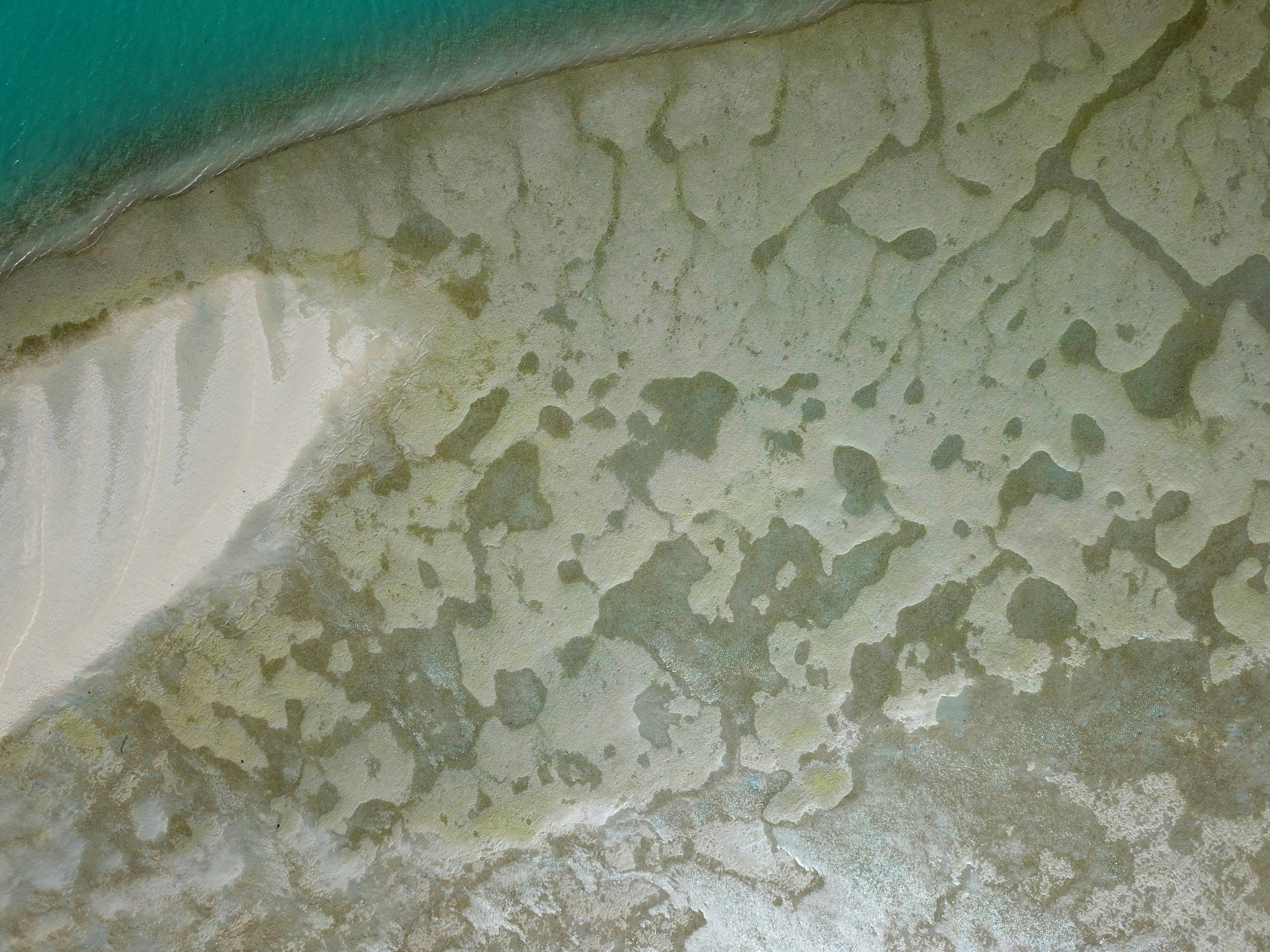 an aerial view of a sandy beach and water