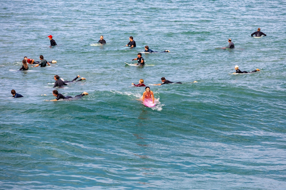 Eine Gruppe von Leuten, die Surfbretter auf einer Welle reiten