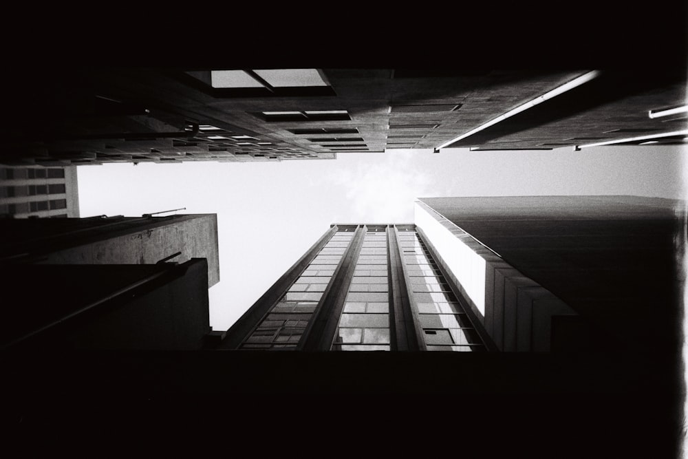 a black and white photo of tall buildings